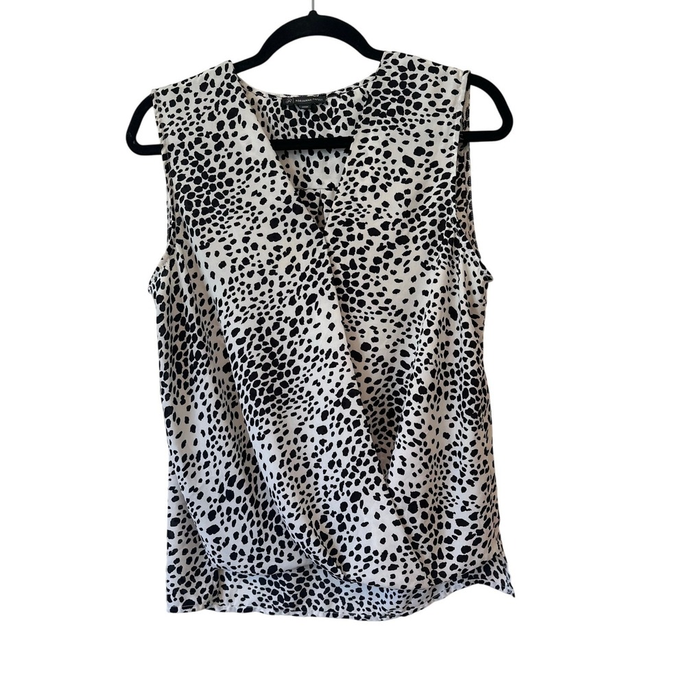 Adrianna Papell Women's Sleeveless Blouse L Black White Animal Print Drape Front